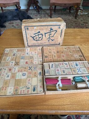 Vintage Antique Mahjong Mah Jongg Jong Set Wooden Tile Dice Cardboard Box